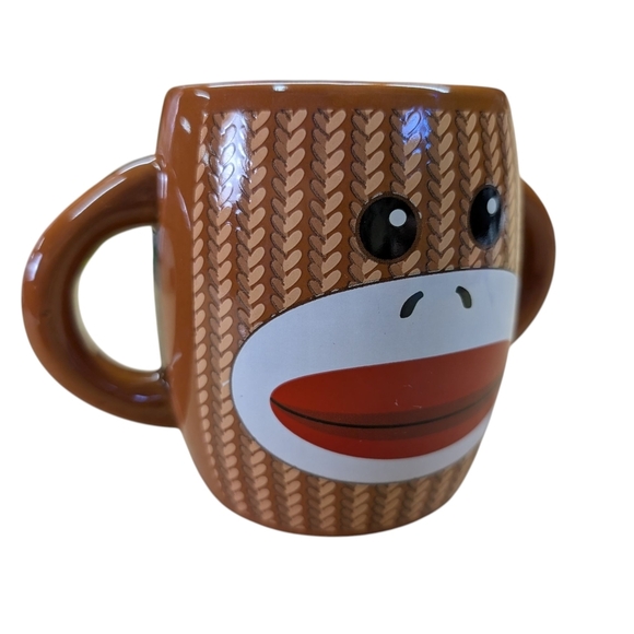 Sock Monkey Face Mug Double Handle Brown Red White 4" Tall - Picture 4 of 11